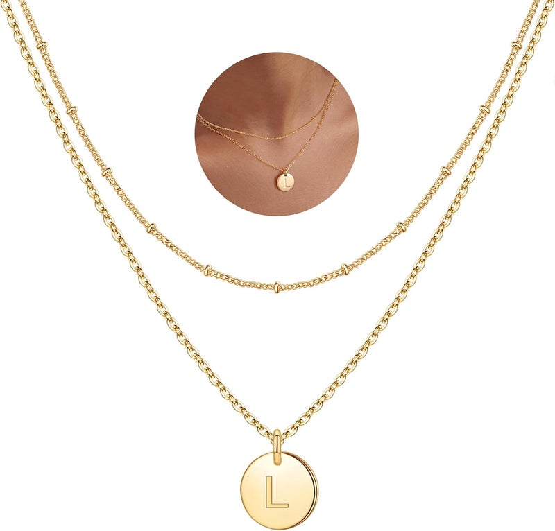 IEFWELL Valentines Gifts - Initial Necklaces for Women Girls, 14K Gold-Plated Silver Double Side Engraved Hammered Coin Necklaces, Layered Necklace Jewelry Pendant for Teen Girls - Image 1